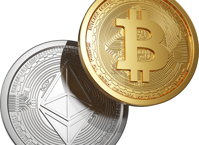 Illustration of crypto rewards with Bitcoin and Ethereum coins.