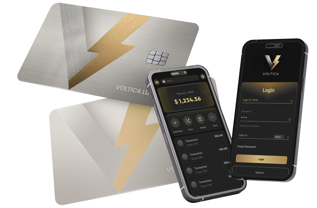 Voltica card next to a phone displaying the currency exchange app interface.