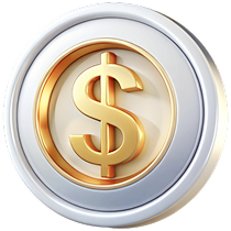 Golden currency icon representing supported currencies.