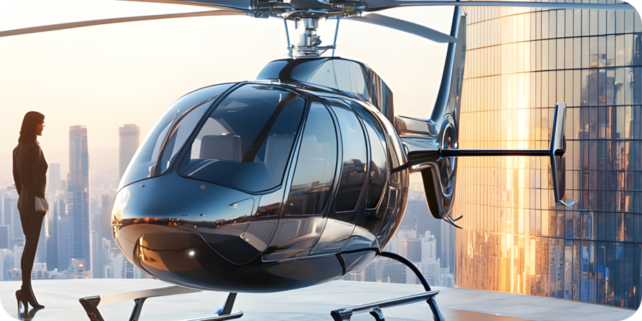 Helicopter transfer service flying over a cityscape.
